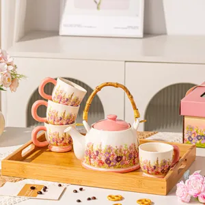 Pastoral style ceramic teapot and cups set, exquisite home afternoon tea drinkware for gift.