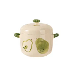 Pot à ragoût en céramique à double couvercle avec poire verte peinte pour soupe et dessert
