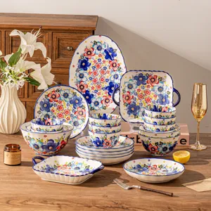 Midsummer Bloemen Keramiek Servies Kom Schotel Set Onderglazuur Geverfd Servies Voor Keuken Dagelijks Gebruik