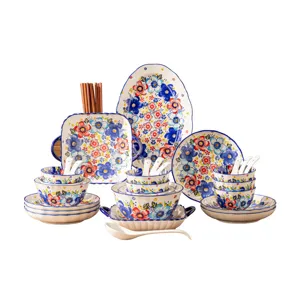 Zomer bloem keramiek servies set onderglazuur blauw rood kom bord lepel combinatie