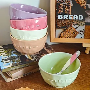 Pastel ceramic bowl with embossed life text, cute ins style dessert rice bowl for home kitchen.