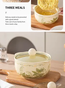 Ceramic instant noodle bowl with glass lid and wooden tray, large capacity tableware.
