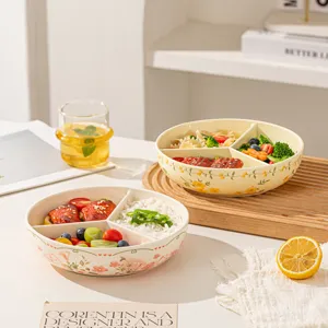 Japanese Style Ceramic Three-Compartment Dinner Plate Separated Salad Weight Loss Dish Floral Underglaze Tableware
