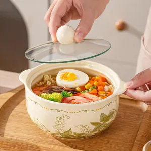 Ceramic instant noodle bowl with glass lid double handle cute tableware for dorm