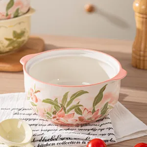 Ceramic double ear instant noodle bowl large capacity tableware set for home kitchen use