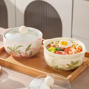 Binaural ceramic instant noodle bowl with glass lid, large capacity cute soup bowl for kitchen.