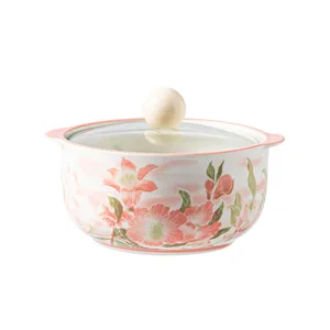 Ceramic instant noodle bowl with double handles glass lid and pink floral design for home