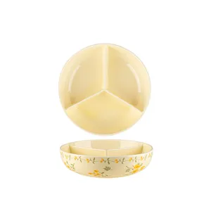 Japanese ceramic 3-compartment divided plate, cute yellow floral salad bowl for home dining.