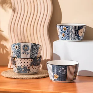 Retro Japanese ceramic rice bowl with underglaze floral patterns, elegant tableware detail view.