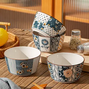 Japanese Style Underglaze Ceramic Rice Bowl Retro Floral Print Kitchen Tableware Household Soup Bowl Ceramic Tableware