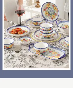 Detail shot of Bohemian style ceramic tableware set, floral pattern dinnerware, tabletop decor.