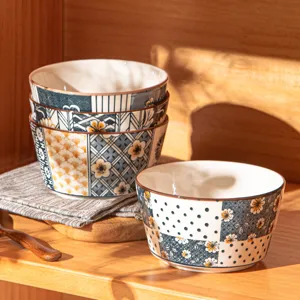 Japanese style ceramic rice bowl set with underglaze vintage floral pattern for home kitchen use