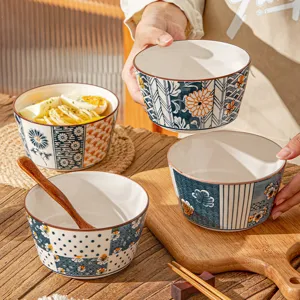 Japanese style ceramic rice bowl set with retro floral patterns, perfect for daily home dining.