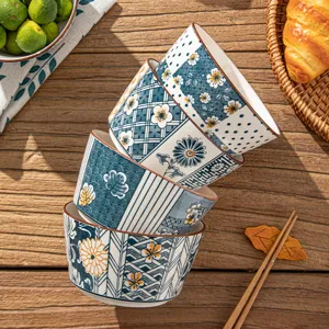 Japanese style ceramic rice bowl set, retro underglaze color floral tableware for home daily use.