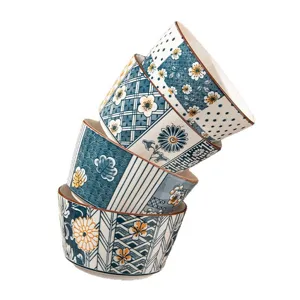 Japanese style ceramic rice bowl set, blue and white glazed stacked kitchen tableware.