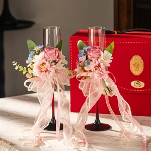 Romantic Glass Champagne Goblet Pair Floral Ribbon Artificial Pearl Decoration Wedding Anniversary Engagement Atmosphere Wine Glasses