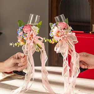 Dopamine floral ribbon champagne glass set wedding engagement gift decorative glassware