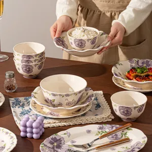 Ceramic dinnerware set with purple floral underglaze design porcelain plates bowls table setup