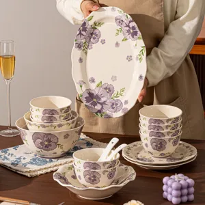 Purple floral ceramic dinnerware set, elegant underglaze tableware plates and bowls main view.