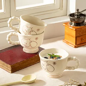 Retro Ins Matte Ceramic Coffee Mug Creative Pear Pattern Beaded High Foot Water Cup Cute Ceramic Milk Cup Gift
