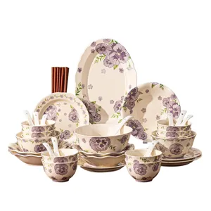 Ceramic tableware set with elegant purple floral underglaze pattern, perfect dining gift.