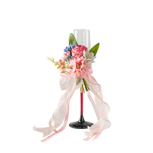 Decorative champagne glass with floral ribbon and pearls for wedding engagement gift set