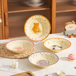 Assiette de Dîner en Céramique Mignonne de Dessin Animé Couleur Sous Glaçure Créative Plat de Pâtes de Fruits Vaisselle de Style Animal Mignon Pour Cuisine