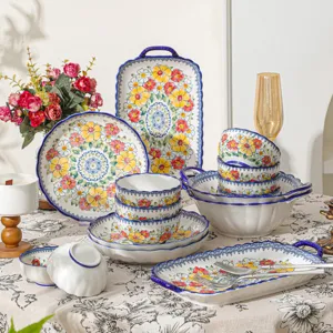 Bohemian Floral Ceramic Tableware Set Underglaze Color Bowls And Plates Dinnerware For Home Kitchen Dining