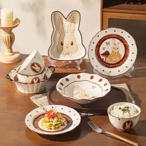 Leuke konijn keramisch servies set, gezellige huishoudelijke kommen en borden als cadeau.