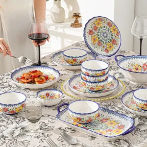 Bohemian pastoral style ceramic tableware set, exquisite floral bowls and plates for home daily dining.