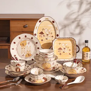 Schattig konijn keramisch servies set, vintage borden en kommen voor thuiskeuken en dineren.