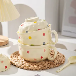 Ceramic instant noodle bowl set with handle and lid, cute polka dot and heart pattern design.