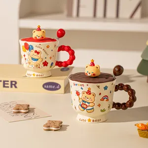 Cute cartoon bear ceramic mug set with lid and spoon, perfect gift for home and office use.