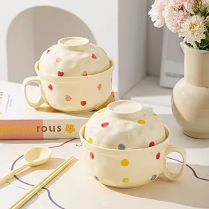Household Ceramic Instant Noodle Bowl Set with Lid and Handle Cute Heart Polka Dot Design Student Dormitory Tableware Bowl