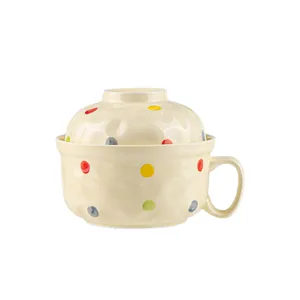 Ceramic instant noodle bowl with lid and handle, cute polka dot design, perfect for home and dorm.