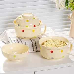 Cute ceramic instant noodle bowl set with lid and handle, cream polka dot tableware for home.