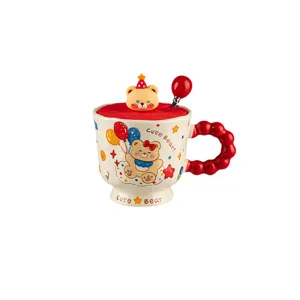 Cute cartoon bear ceramic mug set featuring lid and spoon, ideal for daily home and office.