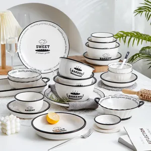 Ins Stijl Keramische Kom en Bord Nordic Zwart en Wit Bakkerij Patroon Servies Set