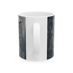 Detailed close-up view of white ceramic coffee mug featuring distressed brick wall print.