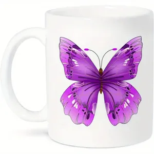 Tasse à café en céramique blanche avec un motif de papillon violet pour le bureau et la maison.