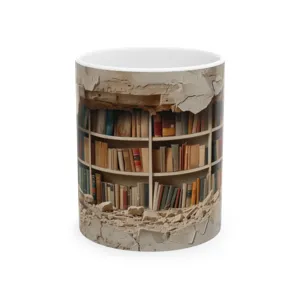 3D bookshelf print ceramic coffee mug office tea cup unique book lover gift white cup