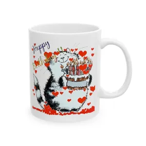 Tasse à café en céramique blanche avec illustration de chat d'anniversaire, cadeau idéal.