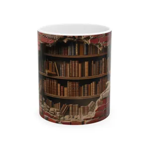 Detailed close-up of the creative 3D bookshelf print on a white ceramic coffee mug body.