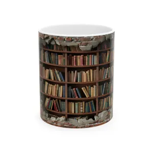 Detailed close-up view of a ceramic coffee mug featuring a unique 3D bookshelf and brick print design.