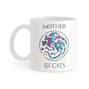 Détail de tasse à café en céramique blanche avec imprimé graphique chat et poignée.