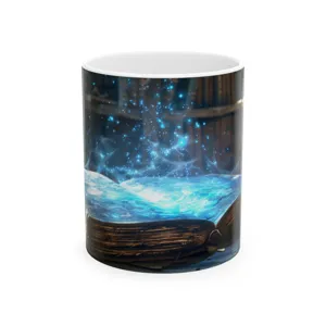 Magical open book print detail on ceramic coffee mug, glowing blue sparks and bookshelf.