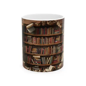 3D bookshelf printed ceramic coffee mug, creative office desk drinkware, white tea cup