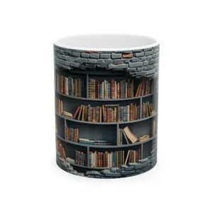 3D bookshelf print ceramic coffee mug, perfect office drinkware with unique library design.