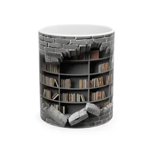3D bookshelf illusion ceramic mug detail shot, unique broken brick wall pattern office coffee cup