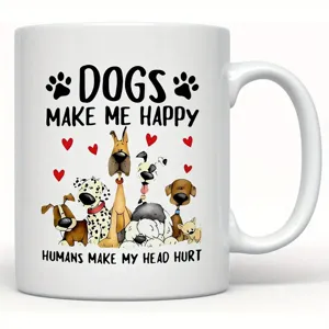 Cute cartoon dog ceramic coffee mug with funny text, perfect gift for couples and pet lovers.